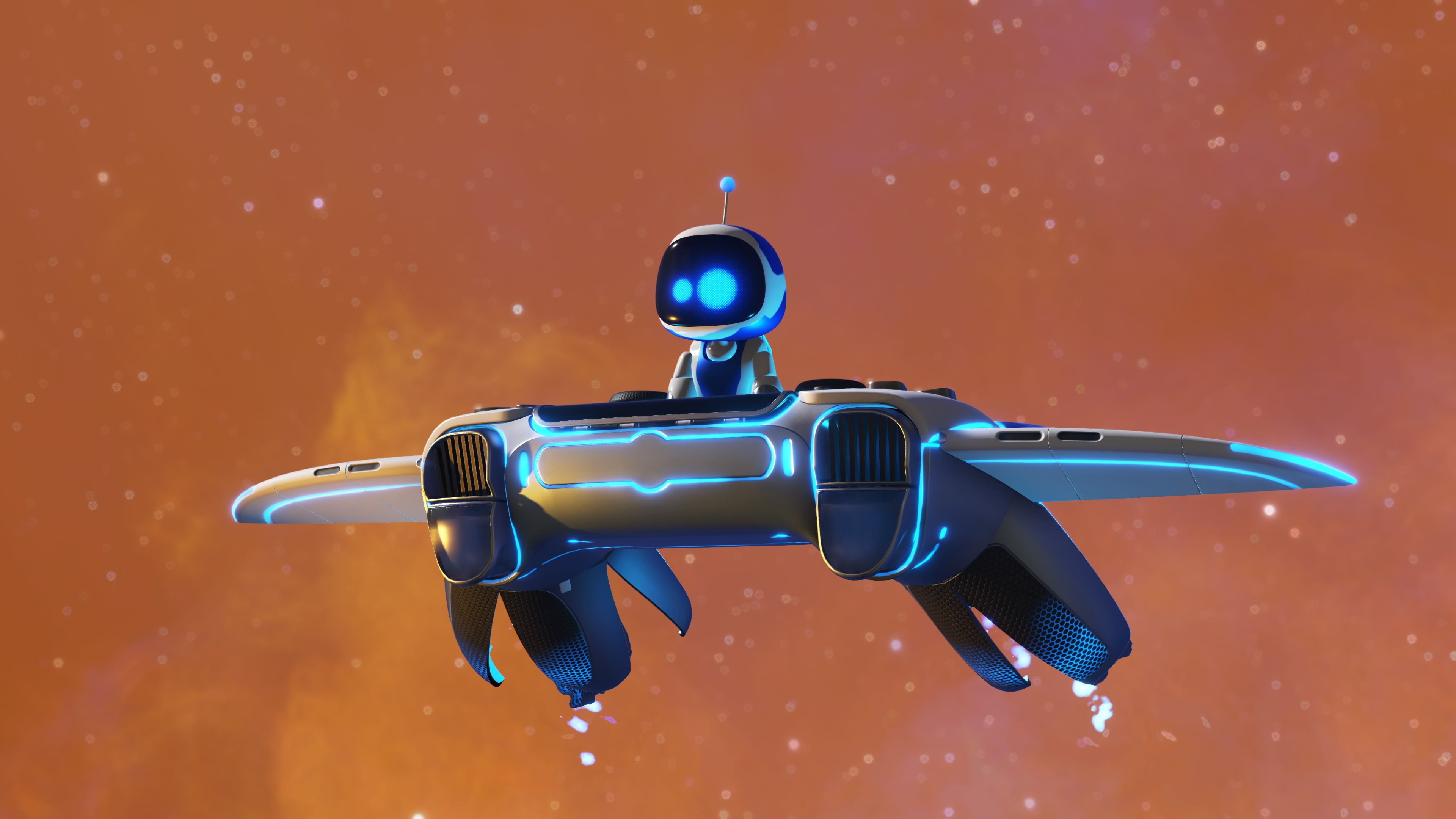 A screenshot of Astro on a DualSense-shaped rocket ship in the game Astro Bot