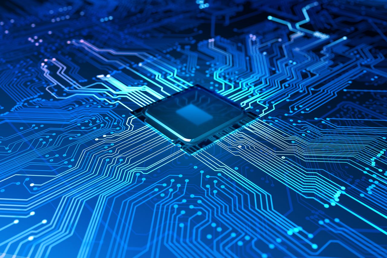 A digital illustration of a computer microchip