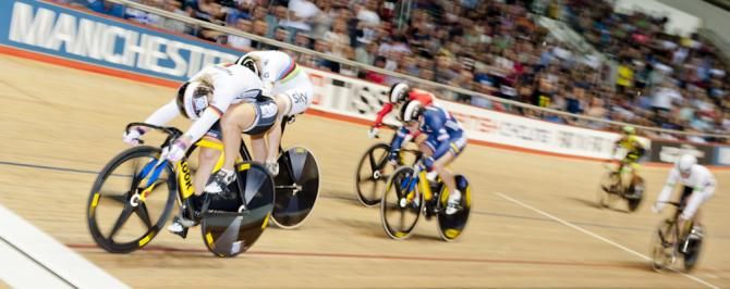 Kristina Vogel (Germany) takes the Keirin from Becky James (Great Britain) to win 3 Sprint Golds at the World Cup