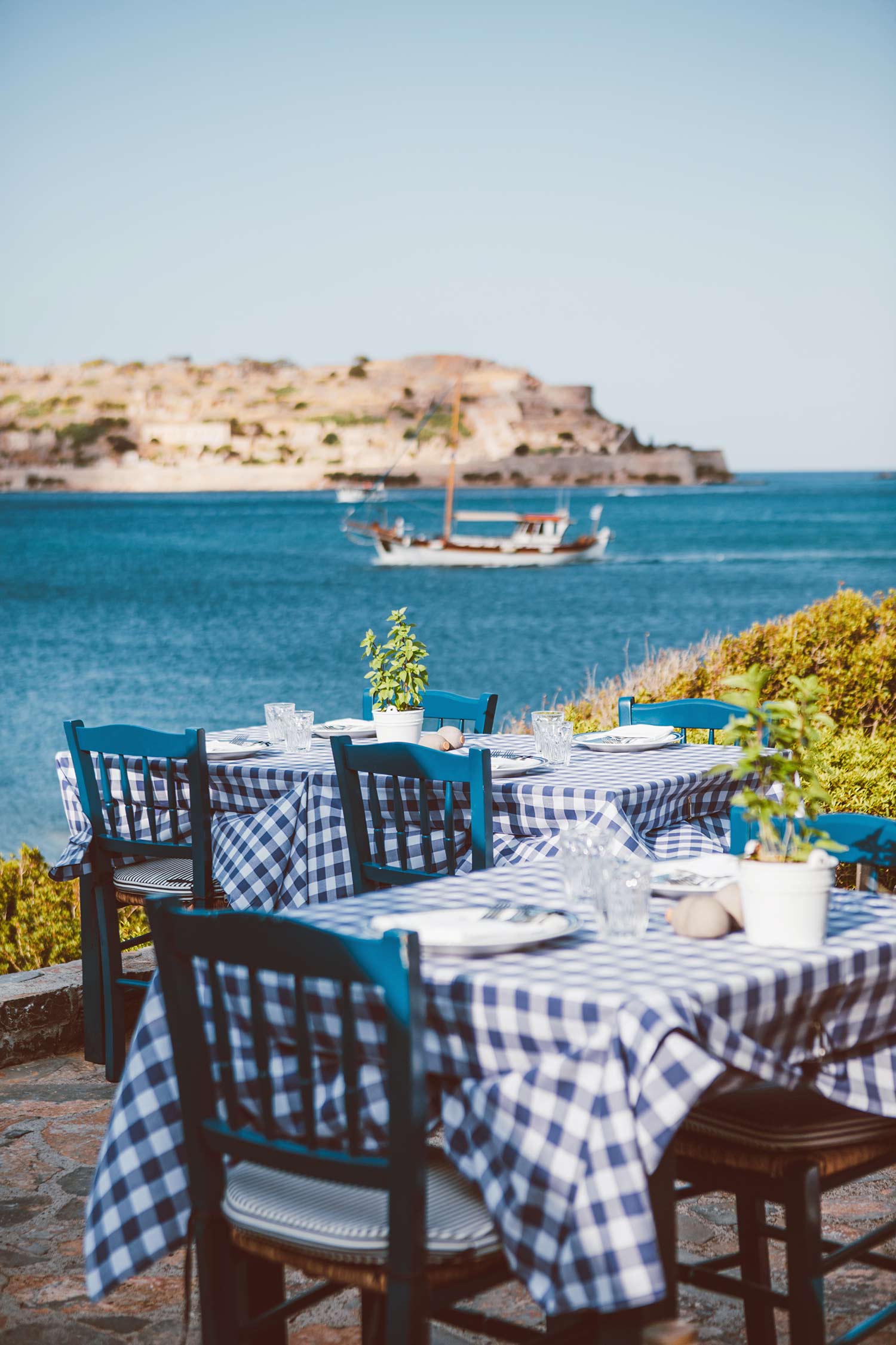 A look at the blue and white tablecloths of The Blood Door, which was once a fisherman’s house and is now Phaea Blue’s local taverna