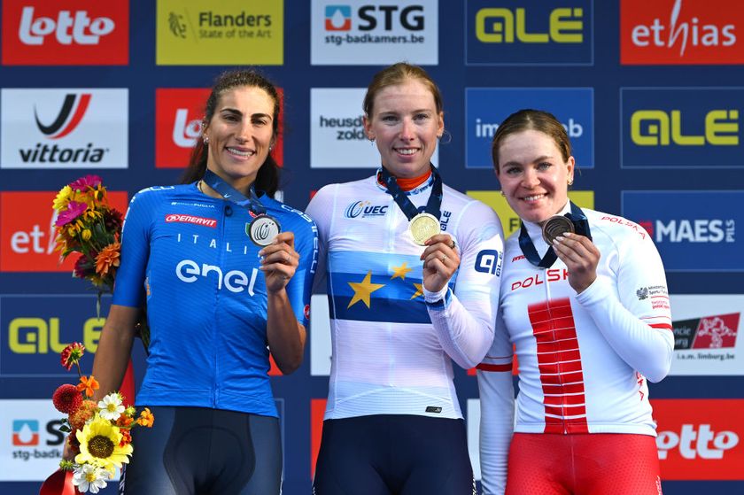 HASSELT, BELGIUM - SEPTEMBER 14: (L-R) Silver medalist Elisa Balsamo of Team Italy, gold medalist Lorena Wiebes of Team Netherlands and bronze medalist Daria Pikulik of Team Poland pose on the podium during the medal ceremony after the 30th UEC Road Cycling European Championships 2024, Women&#039;s Elite Road Race a 162km One day race from Heusden-Zolder to Hasselt / #UCIWWT / on September 14, 2024 in Hasselt, Belgium. (Photo by Luc Claessen/Getty Images)