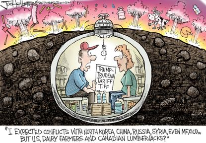 Political Cartoon U.S. Trump Canada tariff war dairy lumberjacks