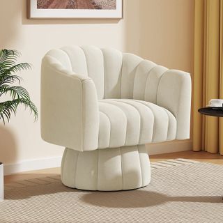 cream padded swivel chair in a minimalist room