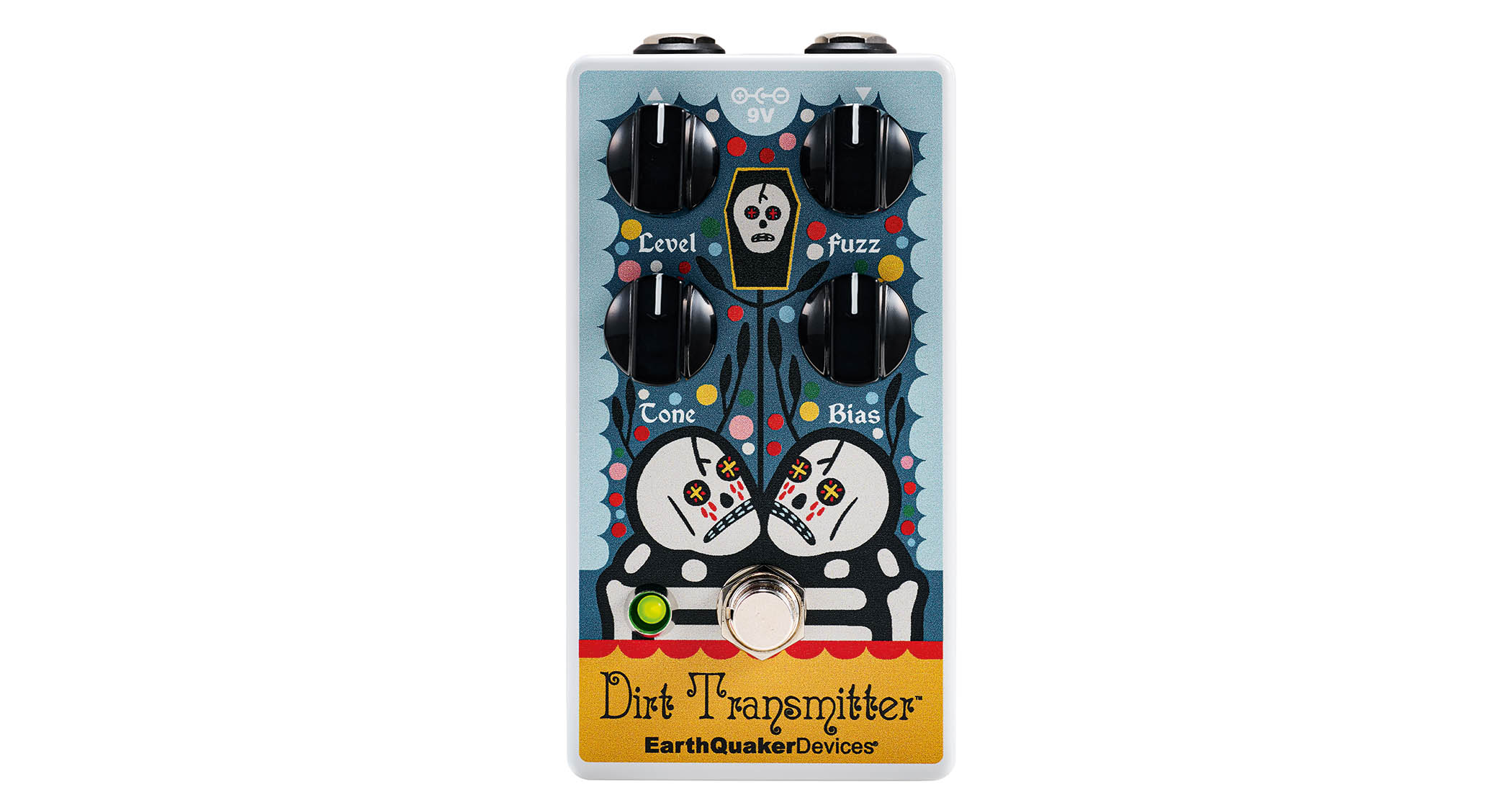 EarthQuaker Devices Rancho de la Luna Dirt Transmitter Fuzz Driver photographed on top of a tweed yellow guitar cable.
