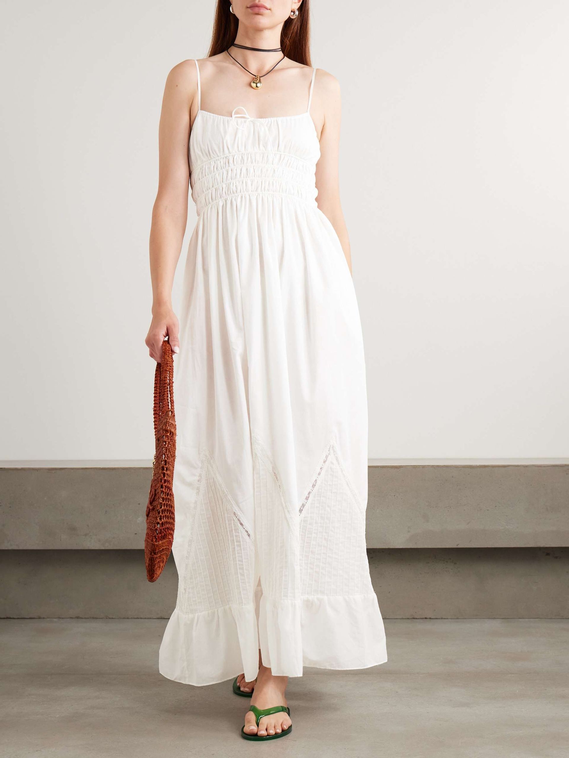 Meline Lace-Trimmed Pintucked Shirred Cotton-Voile Maxi Dress