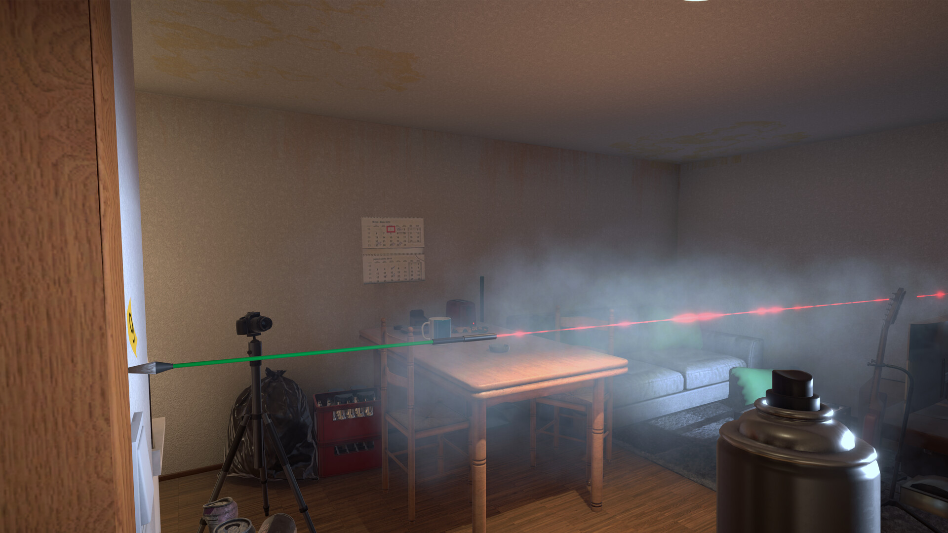 A laser showing the path of a bullet in a bedroom