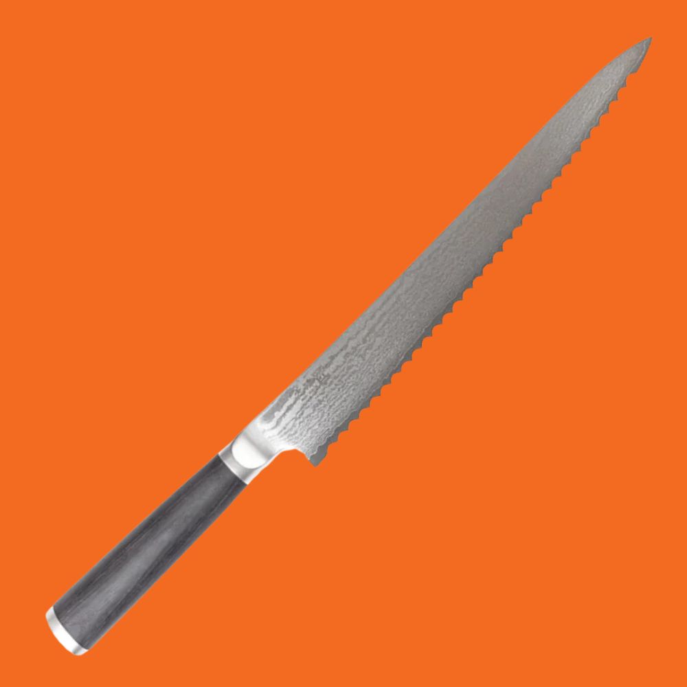 Miyako 33 Layers Bread Knife 230mm in silver with black handle against an orange background.