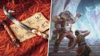 Artwork of a sword atop a parchment diagram divided by a white line from an elephant pointing at a spirit while an onlooker covers their face