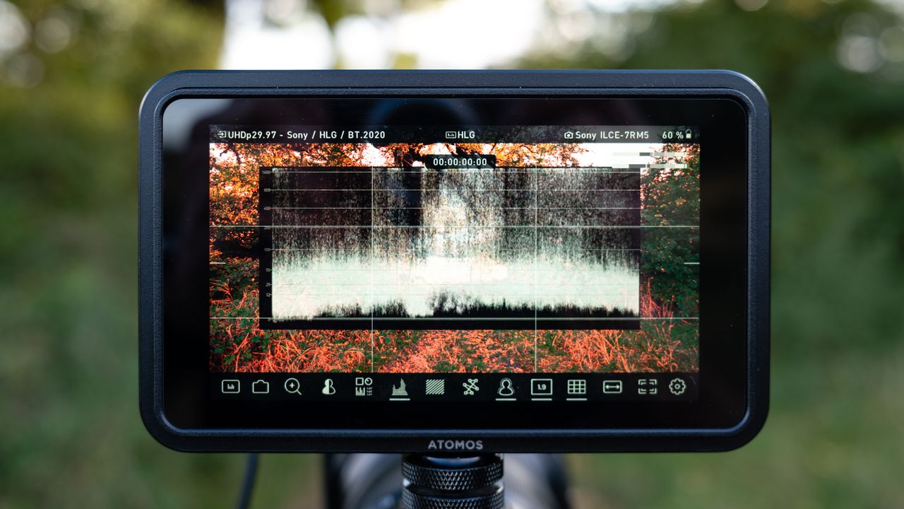 Atomos Shinobi II camera monitor on top of a camera outdoor with green trees in the background
