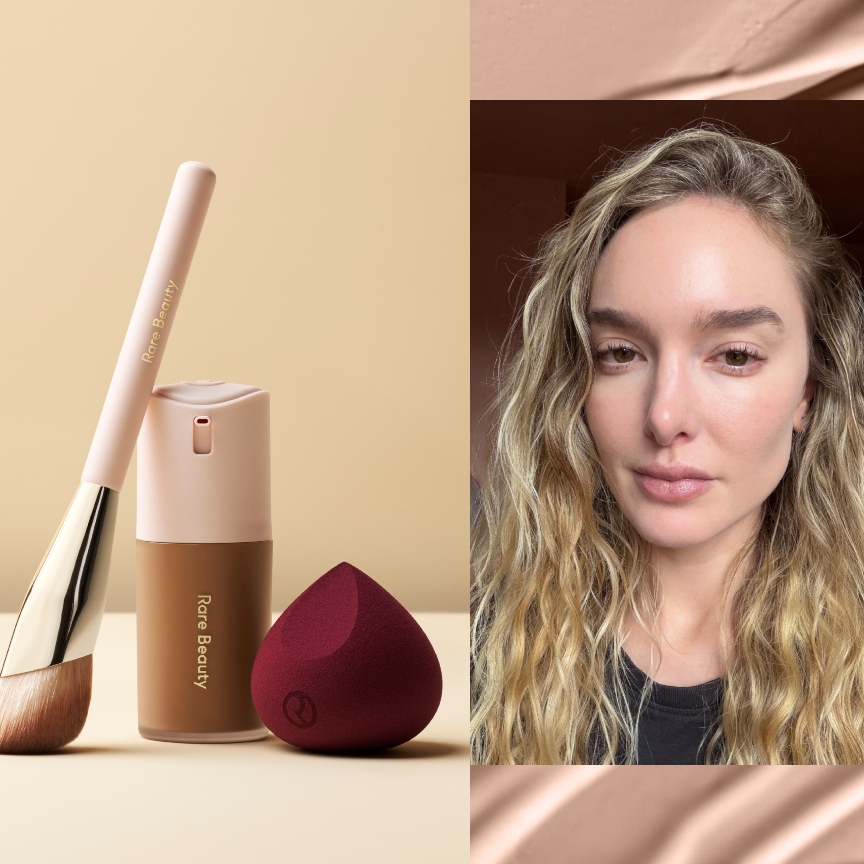 a close-up of a foundation product glass bottle with a pink makeup brush and red sponge, next to a woman with smooth, even skin tone on a cream backdrop