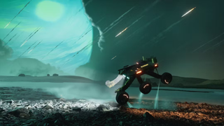 A rally car speeding across an alien landscape