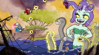 A screenshot from Cuphead, showing Cuphead and Mugman attacking mermaid boss Cala Maria from fighter planes