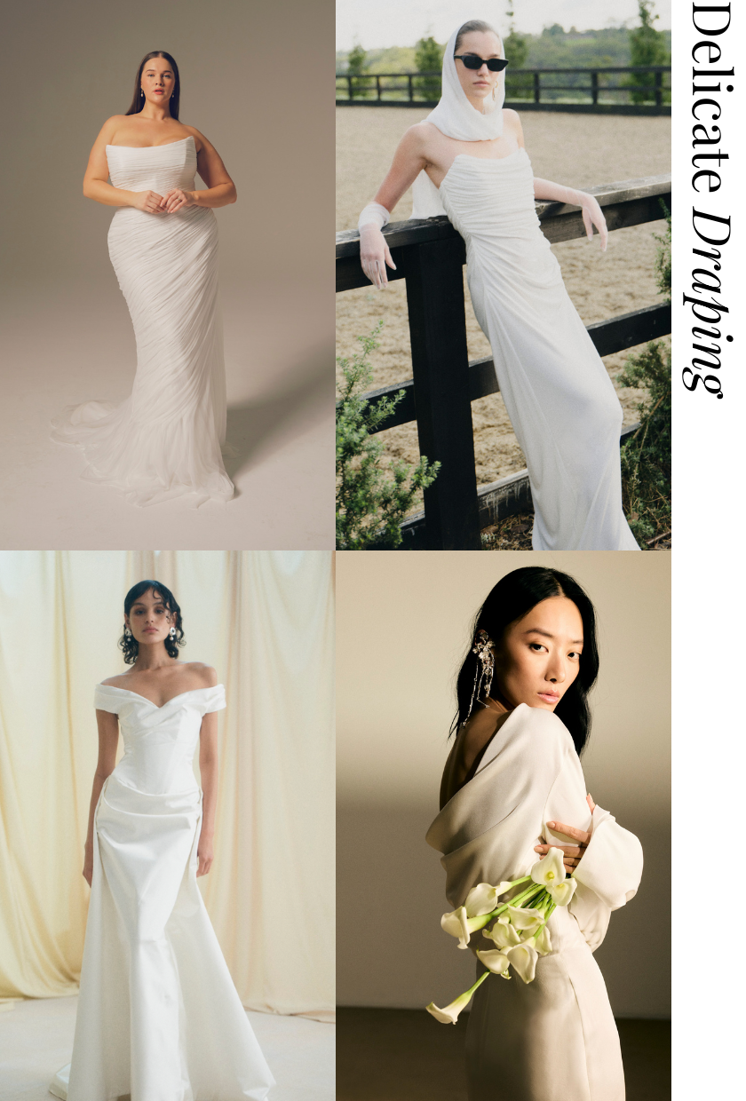 A collage showcasing the sheer impact wedding dress trend.