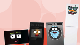 Hughes electrical goods with cartoonish smiley faces on a pink background
