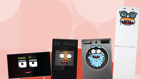Hughes electrical goods with cartoonish smiley faces on a pink background