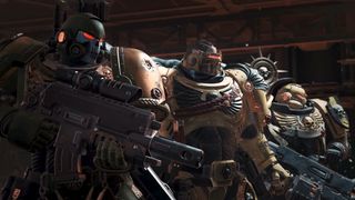 Promotional screenshot of Space Marines ready for battle in Warhammer 40,000: Space Marine 2