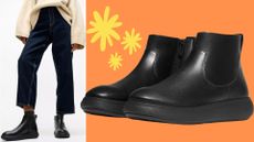A cutout and lifestyle shot of FitFlop iQushion Leather Zip Ankle Boots, on sale with 67% off at Amazon for Prime Day