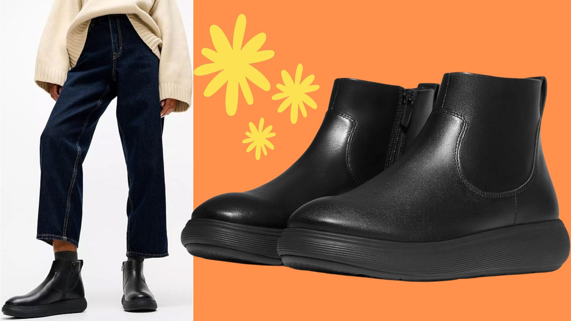 A cutout and lifestyle shot of FitFlop iQushion Leather Zip Ankle Boots, on sale with 67% off at Amazon for Prime Day