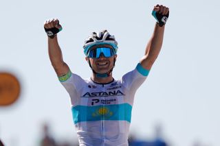 Stage winner Team Astana rider Kazakhstans Alexey Lutsenko celebrates as he crosses the finish line of the 6th stage of the 107th edition of the Tour de France cycling race 191 km between Le Teil and Mont Aigoual on September 3 2020 Photo by Christophe Ena POOL AFP Photo by CHRISTOPHE ENAPOOLAFP via Getty Images