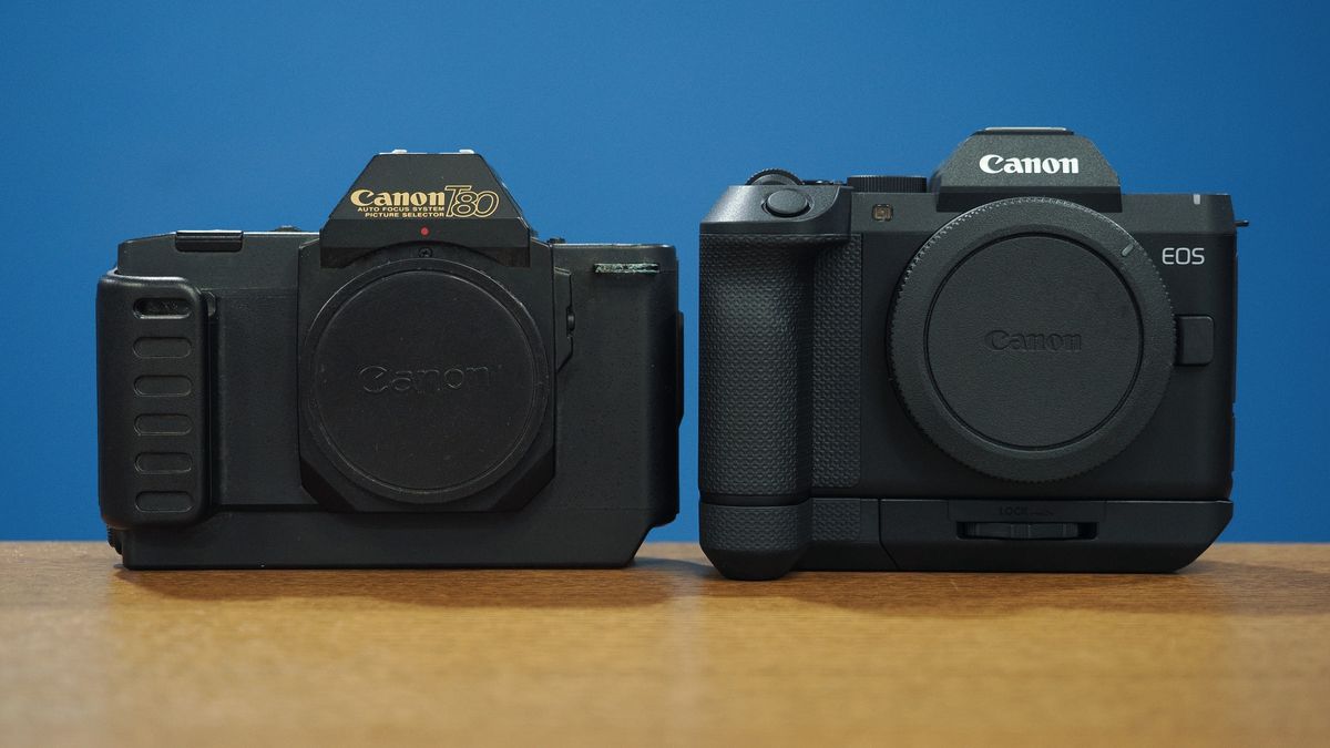 Canon EOS R8 Mark II next to a Canon T80
