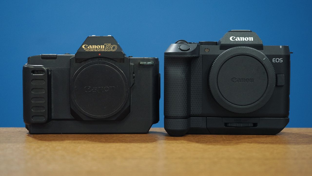 Canon EOS R8 Mark II next to a Canon T80