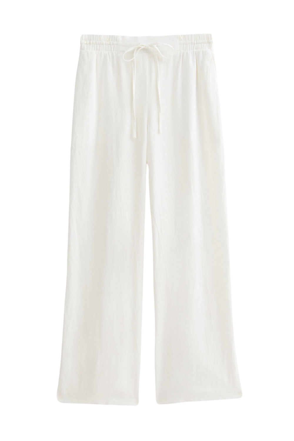 White Linen Blend Drawstring Waist Trousers