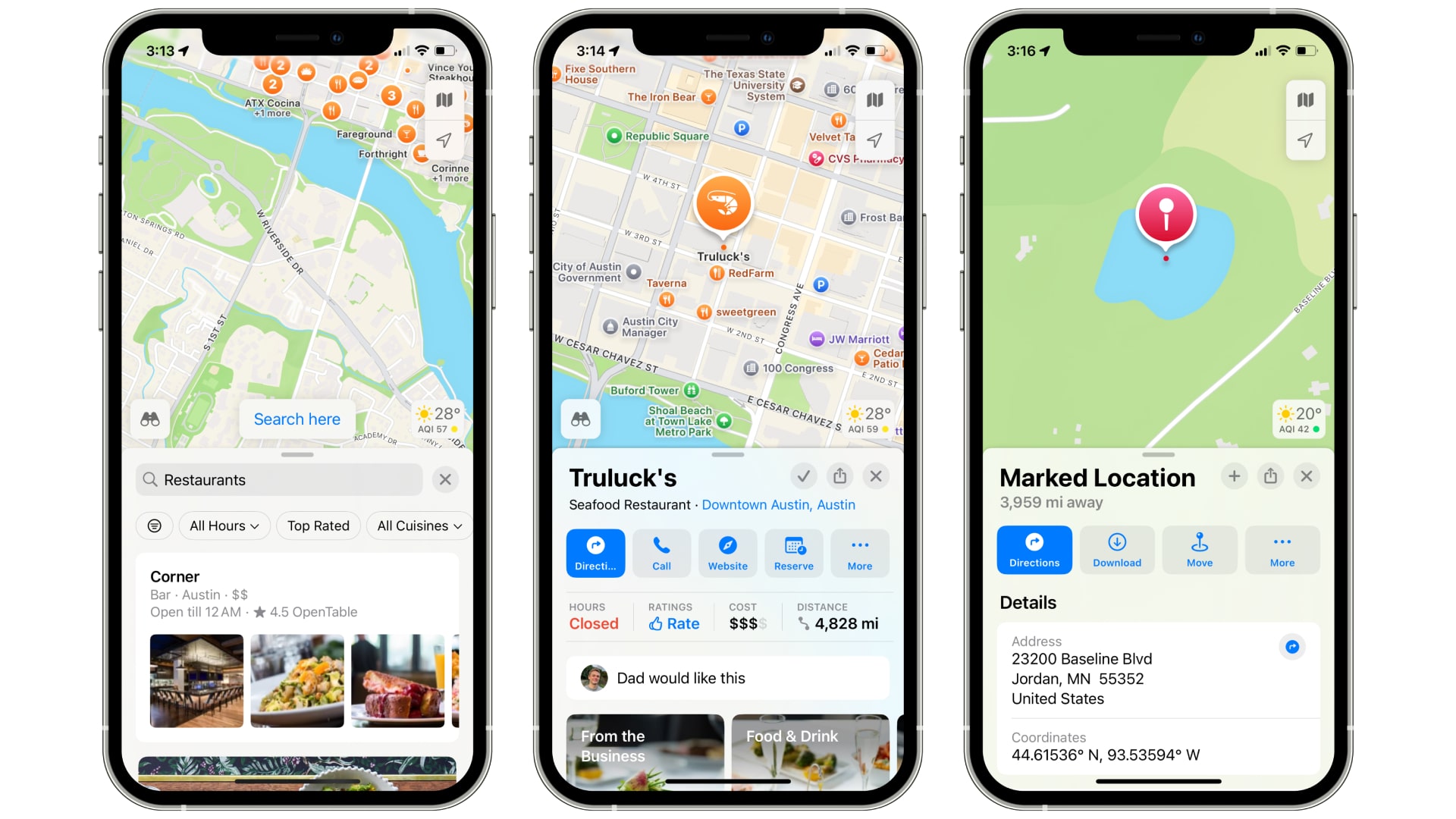 The Apple Maps app in iOS 18 running on three iPhones.