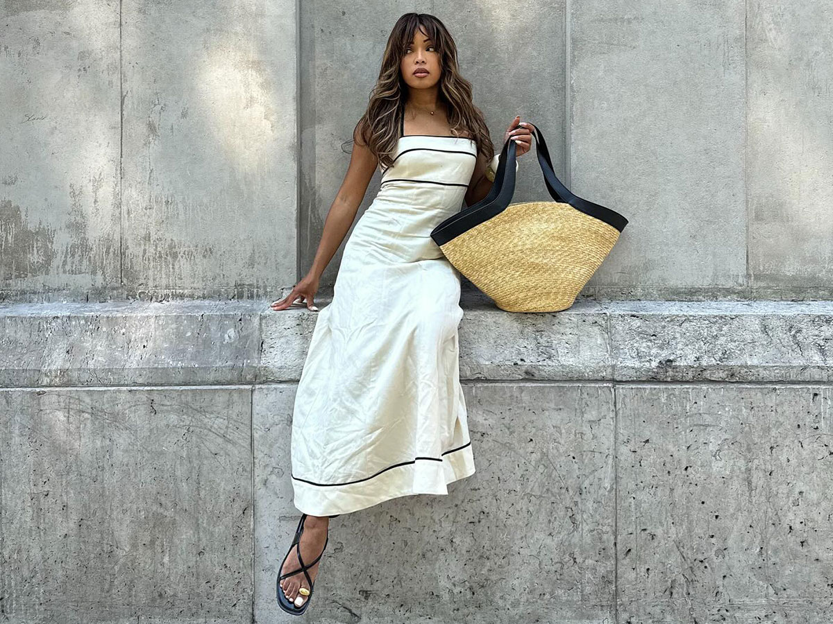 @slipintostyle summer outfit white linen dress and raffia tote