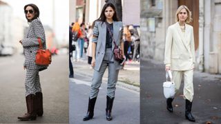 how to wear cowboy boots with coords and suits shown on three women
