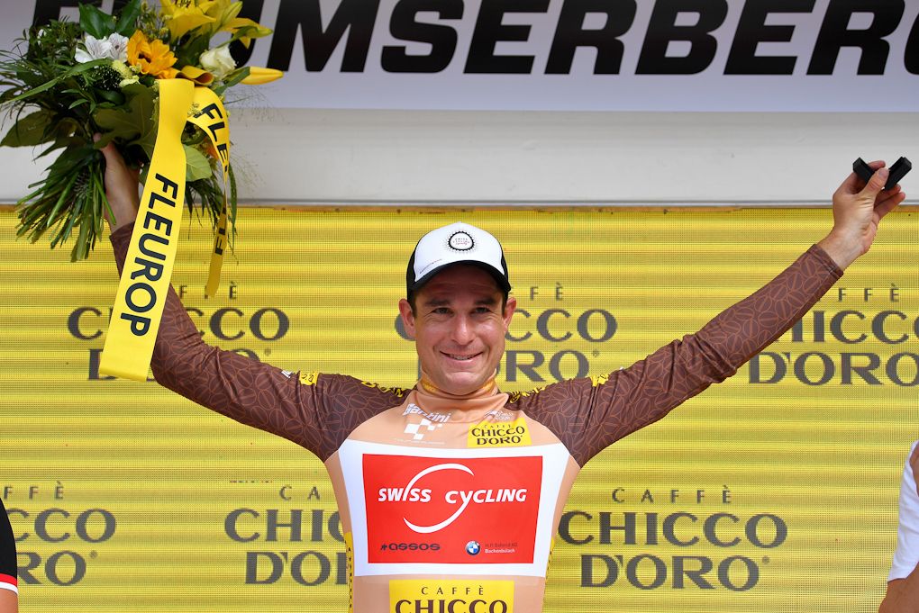 Claudio Imhof in the mountains jersey after stage 6 at Tour de Suisse