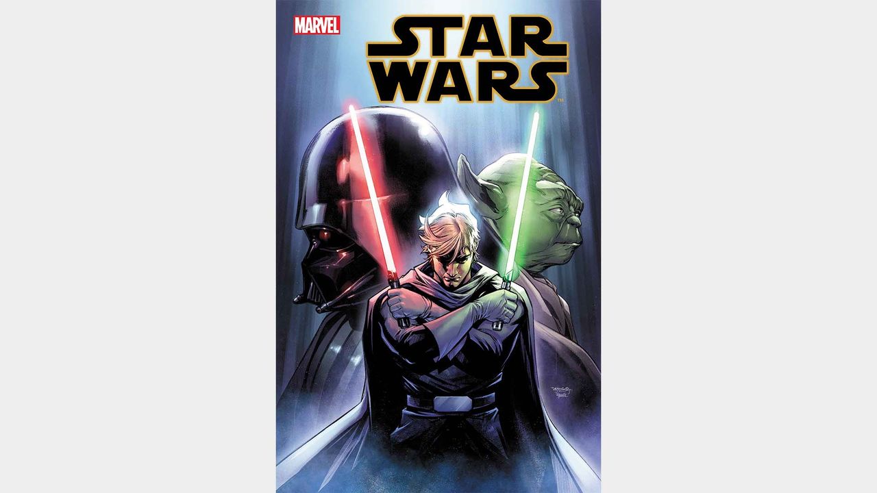 Luke in front of Vader and Yoda