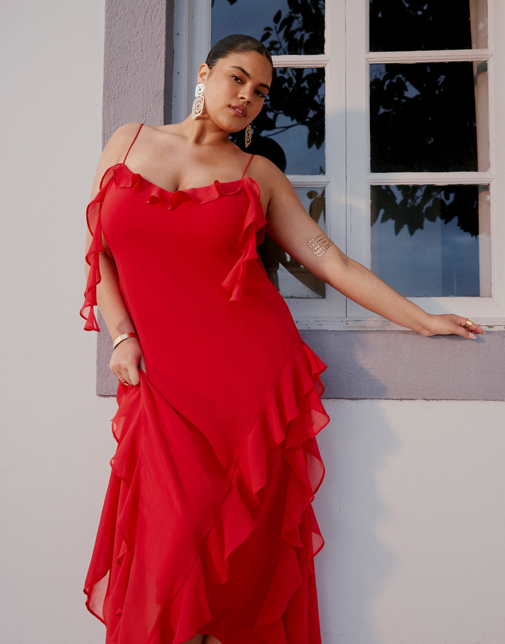 Asos Design Curve Textured Chiffon Maxi Dress With Trailing Ruffles in Red