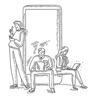 An illustration of users on mobiles and laptops using sites designed following the best UX tips