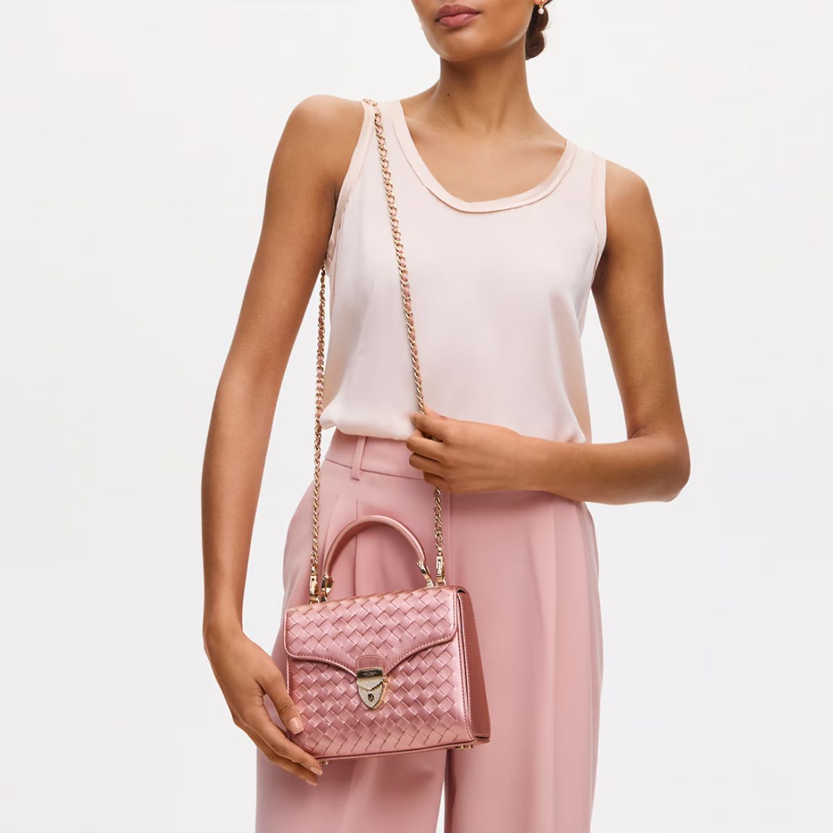 Aspinal of London, Midi Mayfair in Blush Pink Metallic Woven Leather