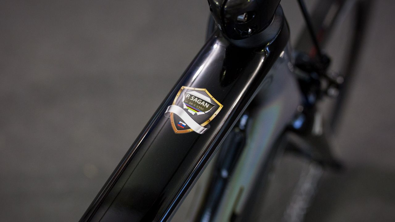 A custom sticker with the world champion's date of birth and the rainbow stripes addorn the top tube