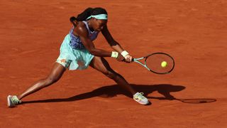 Coco Gauff of United States plays a backhand against Martina Trevisan of Italy during the Women's Singles Semi Final on day 12 at Roland Garros on June 2, 2022 in Paris, France.