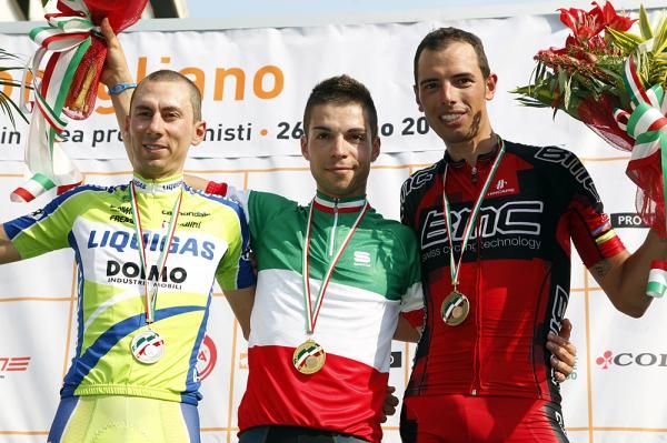 The Italian men's road race podium: Ivan Santaromita (2nd), Giovanni Visconti (1st) and Alessandro Ballan (3rd)