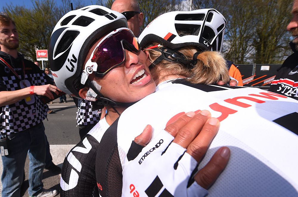 Ellen Van Dijk hugs teammates Coryn Rivera after winning 2017 Tour of Flanders Women