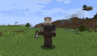 Un skin Minecraft viking avec une barbe et une armure brune tenant une hache de fer