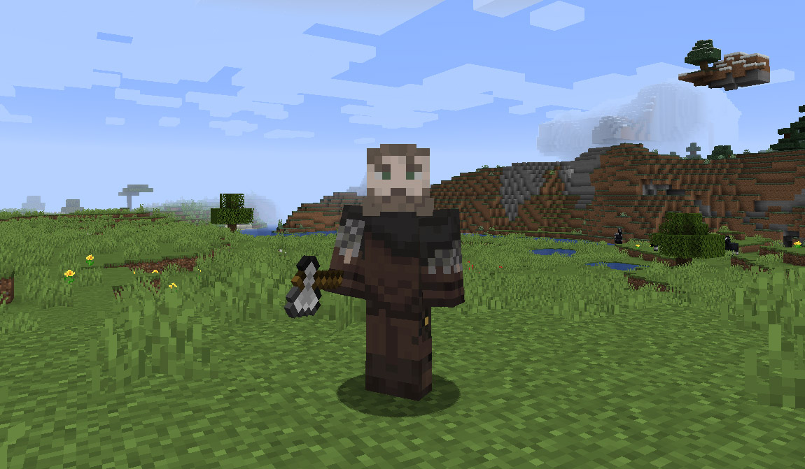 A viking Minecraft Skin with a beard and brown armor holding an iron axe