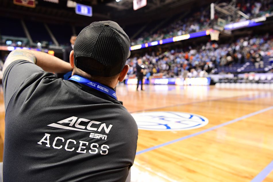 Greensboro Coliseum: ACC Network camera man during the 2020 ACC Men&#039;s College Basketball Tournament