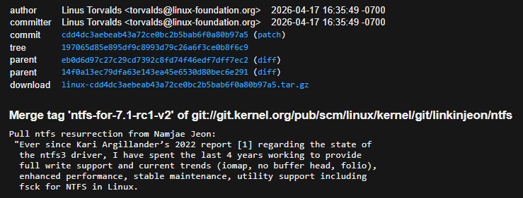 A screenshot of the Linux merge record adding the new Linux 7.1 ntfs driver to the kernel.