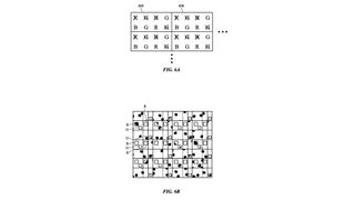 Two illustrations from an Apple patent showing the elimination of certain sub-pixels from a display to make an under-display sensor work better