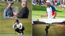 A range of golfers lining up putts and holding trophies