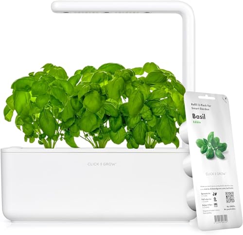 Click &amp;amp; Grow Indoor Herb Garden Kit With Grow Light | Smart Garden for Home Kitchen Windowsill | Easier Than Hydroponics Growing System | Vegetable Gardening Starter (3 Basil Pods Included), White