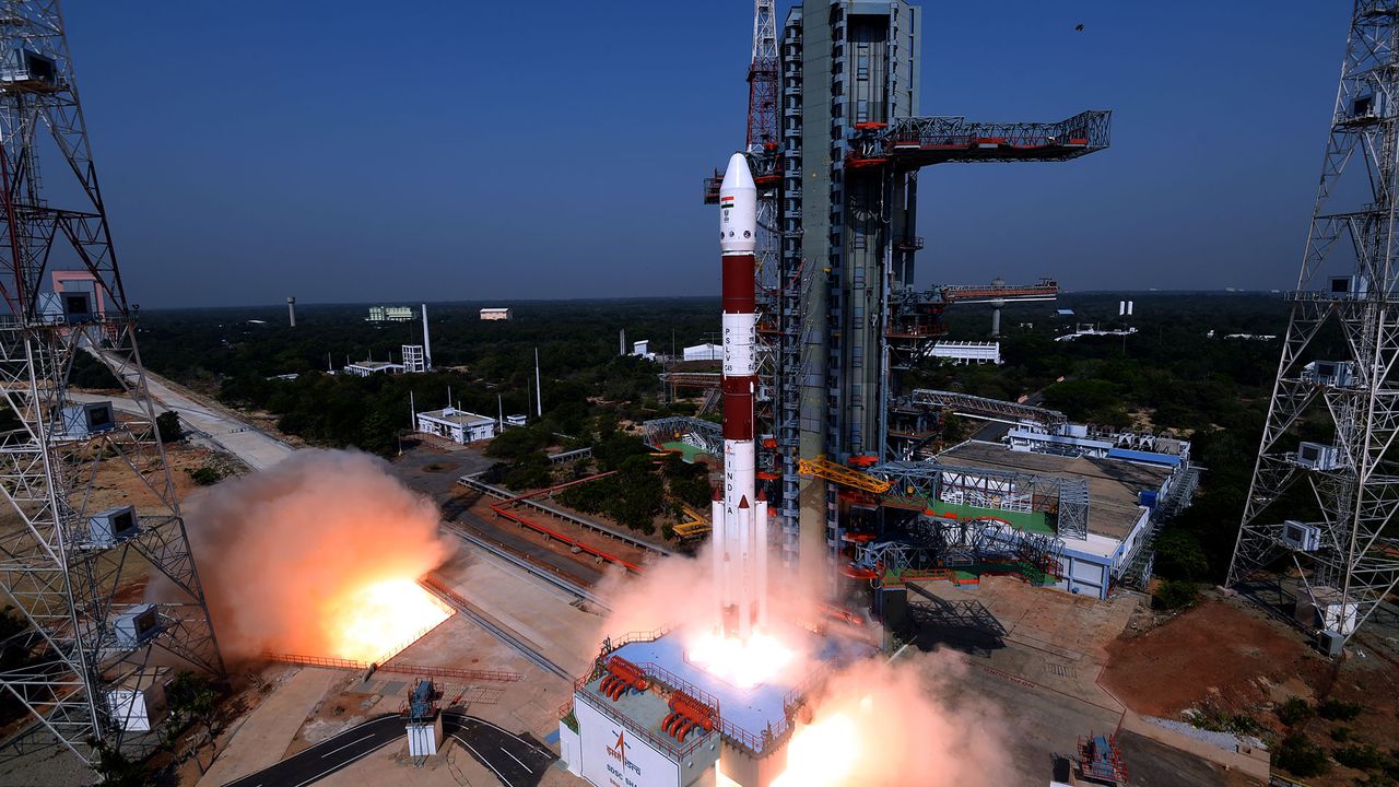 An Indian Space Research Center Polar Satellite Launch Vehicle launches the EMISAT satellite and 28 other payloads into orbit from the Satish Dhawan Space Center on April 1, 2019 (IST).