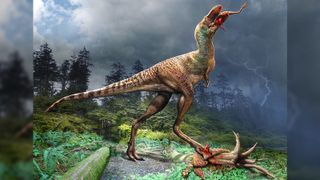 A reconstruction of a dinosaur eating smaller dinosaurs