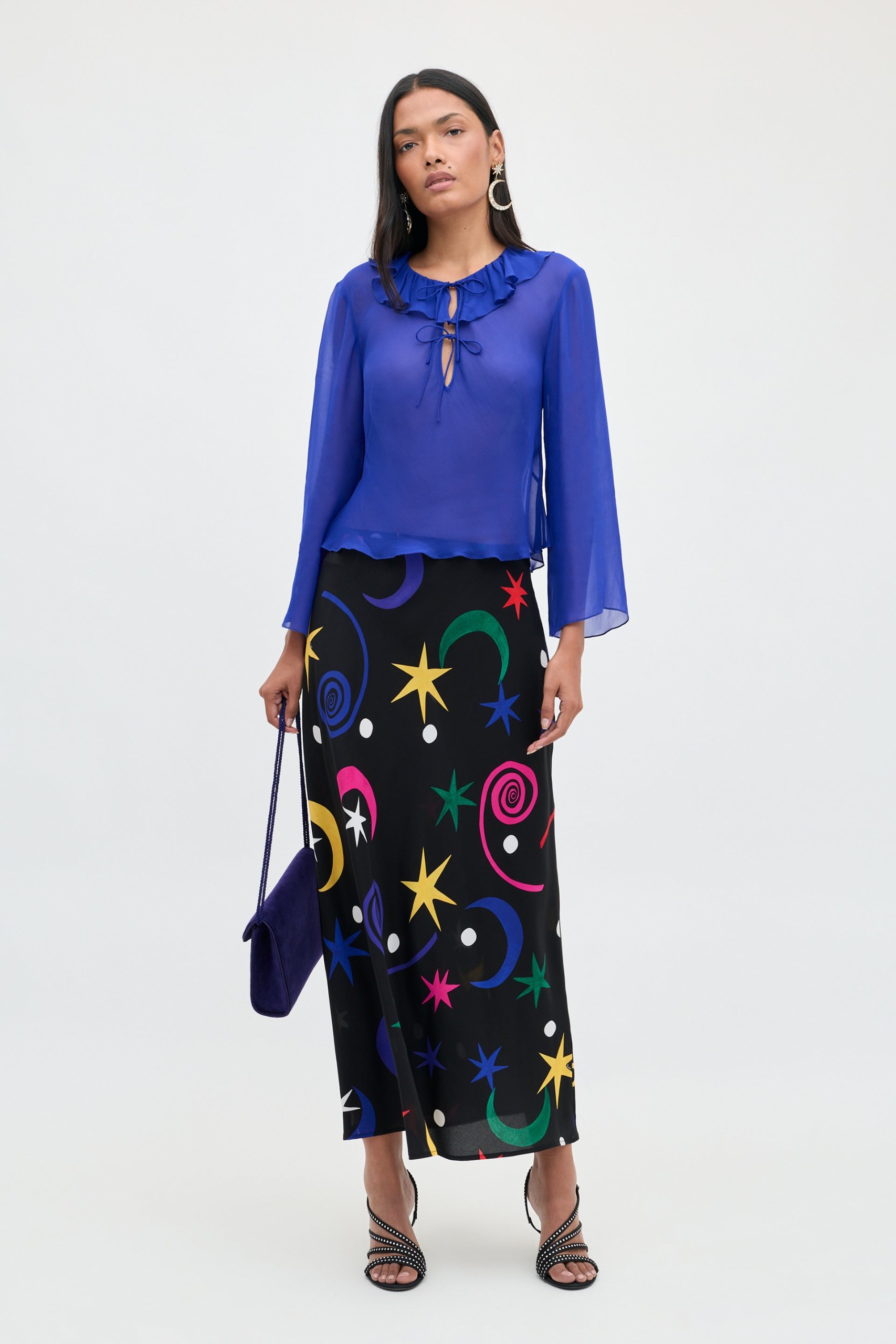 Kelly Silk Midi Skirt in Multi Cosmos Star Black