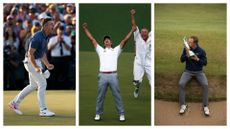 Rory McIlroy celebrating 2025 Masters win, Adam Scott celebrating 2013 Masters 2013, Jordan Spieth kissing the claret after winning the 146th Open in 2017