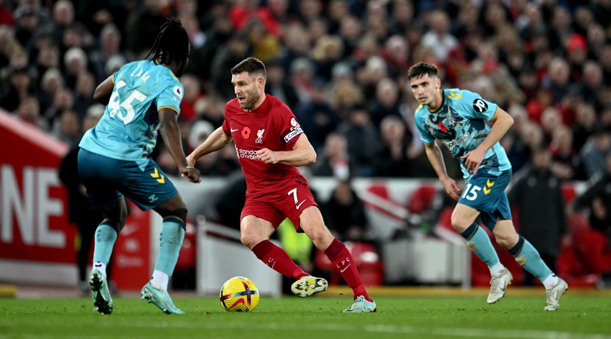 Liverpool midfielder James Milner in action during the Premier League match between Liverpool and Southampton on 12 November, 2022 at Anfield, Liverpool, United Kingdom